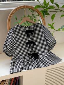 SHEIN Nova Glow 青少年女孩復古時尚千鳥格天鵝絨蝴蝶結寬鬆主教袖襯衫 - 黑與白 - 查看 2