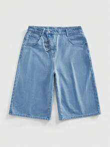 ROMWE MEN Street Life Men's Denim Oblique Placket Snap Button Shorts - Baby Blue - View 9