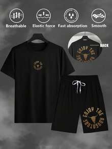 Manfinity Sport Corelite Men's Letter Print T-Shirt And Shorts Sports Suit - Black - View 1
