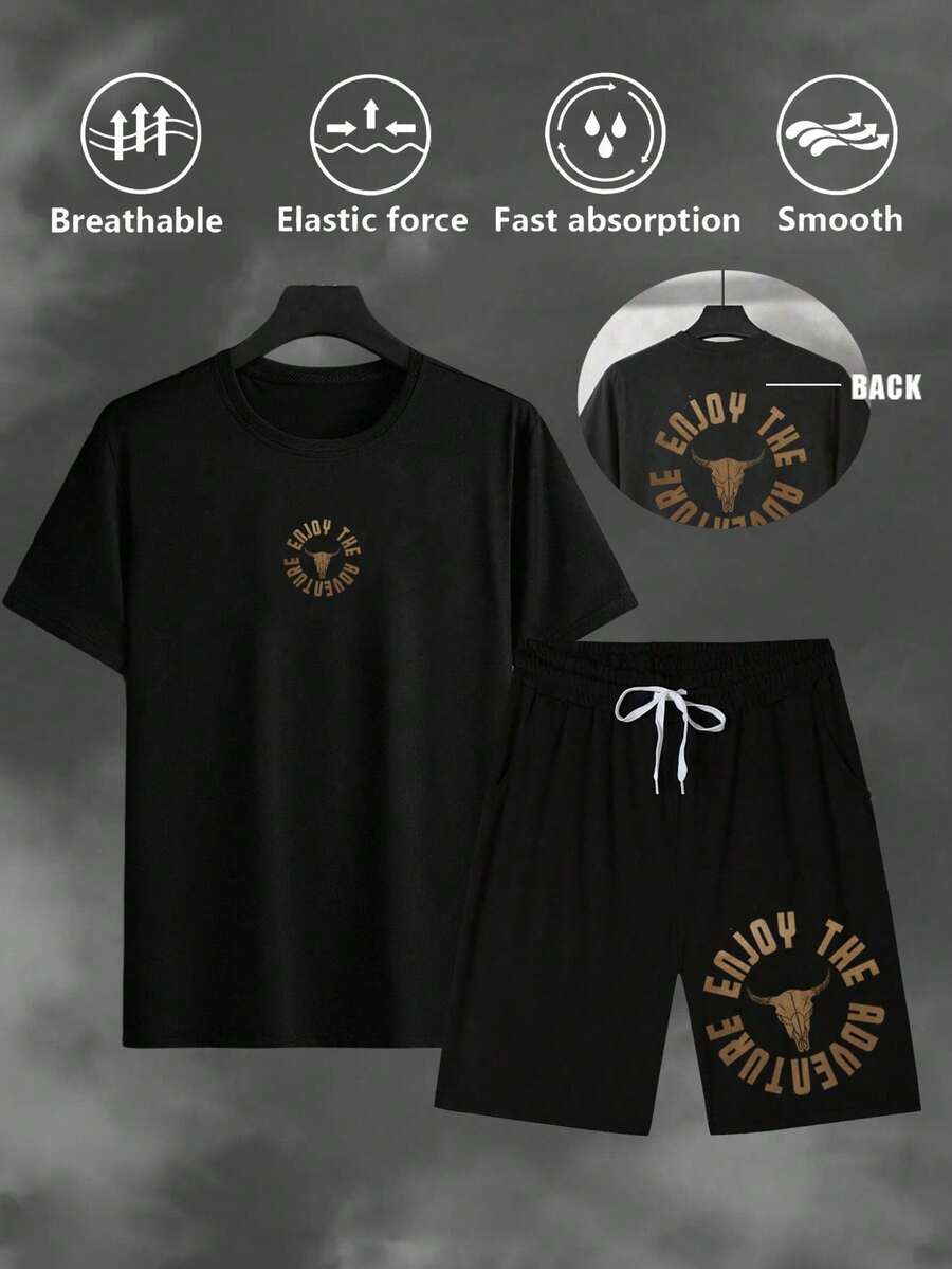 Manfinity Sport Corelite Men's Letter Print T-Shirt And Shorts Sports Suit - Black - View 1