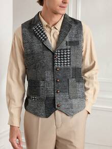 Officeau New Retro Patchwork Lapel Men's Suit Vest - Navy Blue - View 3