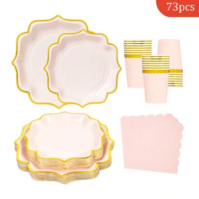 Bộ đồ dùng tiệc dùng một lần màu hồng dập nổi với viền hình bốn cánh hoa, bao gồm đĩa ăn, khăn ăn và cốc giấy, phù hợp cho 16 khách, thích hợp cho sinh nhật, đám cưới, tiệc theo chủ đề, dã ngoại gia đình, đĩa ăn dùng một lần, dụng cụ ăn uống cho bữa tiệc.