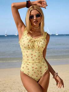 Swim Mod Bộ đồ bơi liền thân màu đen anh đào kiểu retro mới năm 2026 dành cho nữ, dây đeo vai rộng có thể điều chỉnh với bèo nhún dễ thương, phần ngực trang trí nơ, eo xếp ly, phong cách thời trang đi biển cho kỳ nghỉ hè. - Nhiều màu - Xem 4