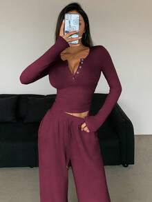 DAZY Setelan Dua Potong Wanita untuk Pakaian Sehari-hari, Setelan Olahraga Wanita, Setelan Santai untuk Wanita - Burgundy - View 5
