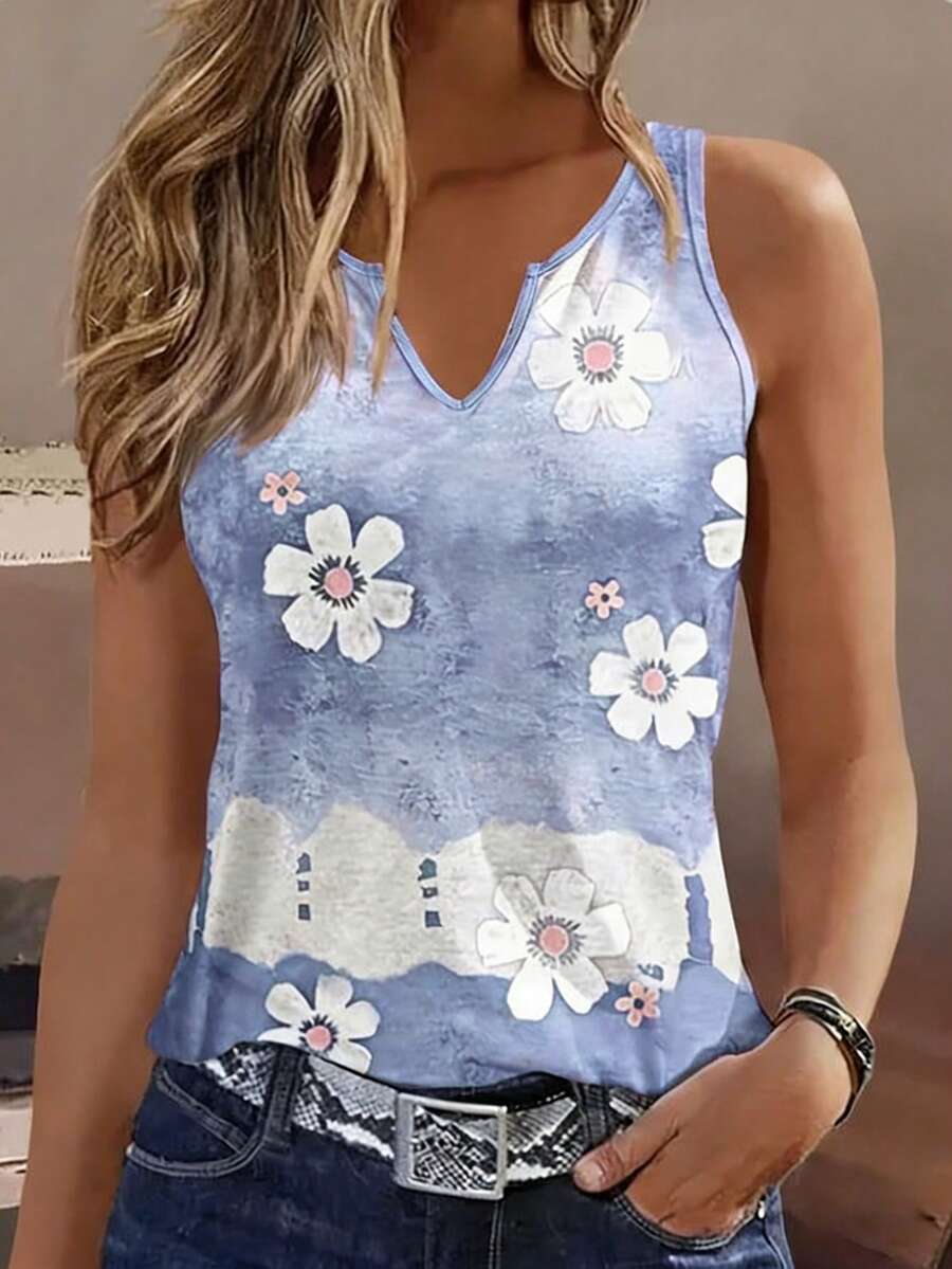 Floral Print V-Neck Sleeveless Camisole, Fashionable For Summer Vacation & Dates - Multicolor - View 1
