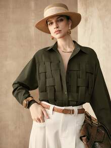 Arave Camisa casual recta de mujer con cuello de camisa, manga larga tipo raglan y media cartera, de tela tejida lisa - Verde militar - Ver 7