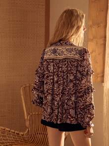 MOTF STUDIO WOMEN'S ALLOVER PRINTED OPEN FRONT RUFFLE TRIM TIE WAIST BLOUSE - Multicolor - View 6