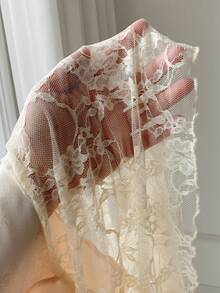 SHEIN Comfortcana 女士优雅缎面提花撞色蕾丝不对称下摆半身裙，度假风 - 杏色 - 查看 6