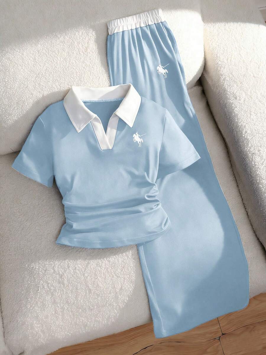 少女休闲撞色 Polo 领短袖 T 恤和裤子套装,夏季 - 彩色 - 查看 1
