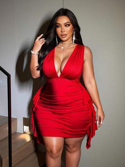 NU&NOW 大码女式纯色深V领荷叶边修身性感无袖连衣裙