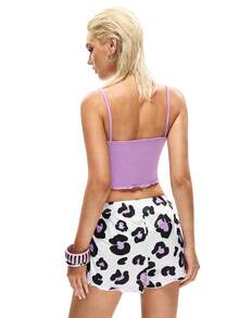Rest Era Letter Graphic Lettuce Trim Cami Top & Leopard Print Shorts PJ Set / Pajama Set - Purple - View 2