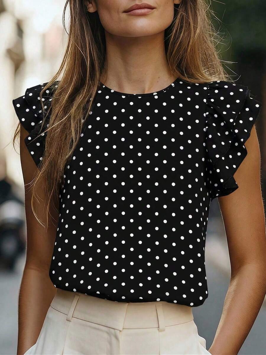 EMERY ROSE Camiseta casual versátil de mujer con cuello redondo, mangas con volantes y estampado de lunares, nueva llegada de primavera/verano - Multicolor - Ver 1