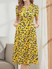 EMERY ROSE Đầm midi tay ngắn cổ chữ V thắt nơ thanh lịch, thoải mái dành cho nữ - Màu vàng - Xem 5