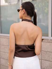 Andrea Bello Blusa de mujer con cuello halter y espalda descubierta, elegante para fiestas, ir al trabajo y vacaciones, de verano - Marrón - Ver 2