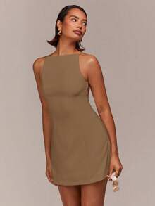 COSMINA Women's Brown Sleeveless Backless Mini A-Line Dress,Summer Effortless Chic Minimalist Brunch Casual Vacation Commute Elegant Y2K Neck Short Dress - Coffee - View 6