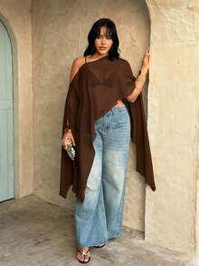 Rustia Plus Size Brown Plain Asymmetrical Hem Semi-Sheer Cloak Sleeve Regular Length Blouse - Brown - View 4