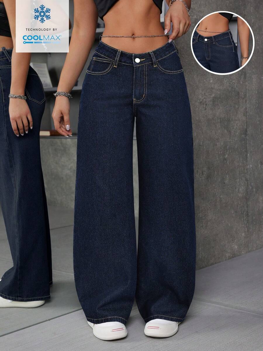 SHEIN ICON 女士宽松V腰口袋阔腿休闲牛仔裤 - 深色水洗藍 - 查看 1