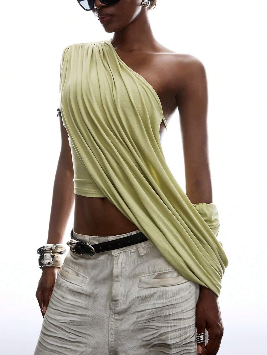 LYSMO 女士夏季时尚不对称领口上衣 - 橄欖綠 - 查看 1