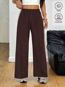 SHEIN PETITE 女士休闲撞色条纹阔腿运动裤，夏季必备 - 棕色 - 查看 14