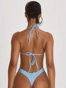 Musera Resort Áo bikini tam giác buộc dây cổ yếm, thích hợp cho kỳ nghỉ hè, du lịch, đi biển, đồ bơi cơ bản, tiệc độc thân, đám cưới, tiệc cưới cô dâu, đồ bơi màu trơn, phong cách nghỉ dưỡng. - Màu xanh nhạt - Xem 4