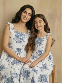 SHEIN Đầm chữ A cổ vuông, tay loe và viền bèo nhún cho bé gái tuổi teen, thích hợp cho kỳ nghỉ hè. - Xanh và trắng - Xem 1