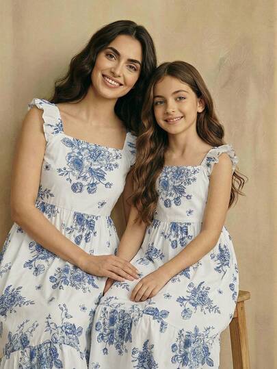 SHEIN Tween Girls' Vacation A-Line Dress With Square Neck, Flare Sleeves And Ruffle Hem, Summer