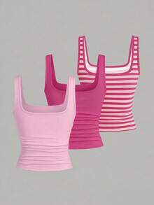 EMERY ROSE Set de 3 piezas de chaleco sin mangas de talla grande para mujer con unicolor y estampado completo, para verano - Multicolor - Ver 2