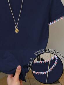 Resyla Women's Casual Contrast Trim Embroidered T-Shirt, Summer - Navy Blue - View 3