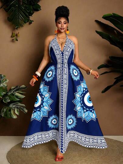 Maweii Plus Size Women's Vacation Dress, Vibrant Tropical Floral Print, V-Neck Spaghetti Strap Design, Open Back, Asymmetric Hem, Structured Silhouette, Tie Back Long Maxi Dress