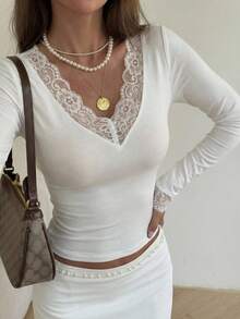 DAZY Women's Elegant Lace Patchwork Long Sleeve T-Shirt, Slim Fit, Suitable For Spring/Summer, Party & Valentine's Day - White - View 7