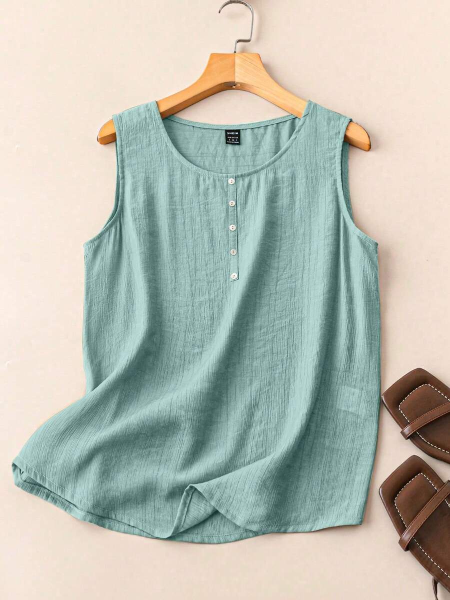 EMERY ROSE Camiseta sin mangas de unicolor con decoración de botones, para uso casual, diario, viajes y vacaciones, de estilo minimalista, para verano - Azul - Ver 1