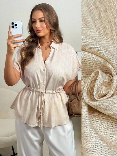 Ceyna Plus Size Women's Solid Color Linen Shirt, V-Neck, Raglan Sleeve, Drawstring Waist, A-Line, Elegant, Vintage, Formal Office Commute Casual Holiday Afternoon Tea Street Style, Simple Versatile, Spring/Summer New Blouse For Women Summer Blouse For Women Casual Modern Shirts For Ladies Casual Blouse With Garterized Waist For Women Shirts For Women Summer
