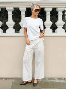 Siren Gaze Women's Embroidered Hollow-Out Elastic Waist Wide Leg Pants,White Summer Boho Vacation Holiday High Waist Wrap Around Festival Pants With Tie Decor - White - View 5