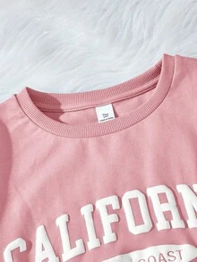 SHEIN 少女两件套灰色针织休闲宽松美式英语标语印花圆领短袖T恤和印花短裤，适合夏季街头运动穿着 - 粉色 - 查看 5