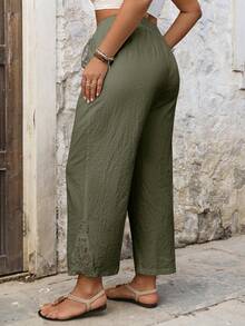 SHEIN Clasi Quần dài thường ngày cỡ lớn có viền thêu hoa chắp vá ở chân - xanh quân đội - Xem 2