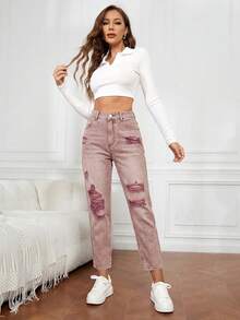 SHEIN FlexDen Quần jean denim nữ dáng rộng, rách rưới, túi xéo. - Cà phê nâu - Xem 3