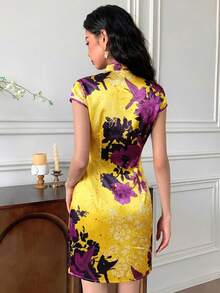 EastFlair Đầm ngắn nữ in hoa, cổ bẻ, thắt eo, thanh lịch cho các buổi hẹn hò và tiệc tùng. - Màu vàng - Xem 3