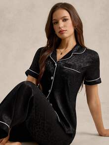 EverLounge Jacquard Shawl Collar Cardigan Women Pajama Set - Black - View 4