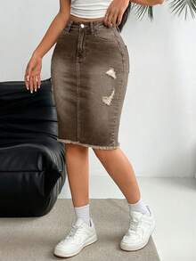 SHEIN LUNE Women's Summer Washed Distressed Frayed Hem Denim Mini Skirt - Coffee Brown - View 5