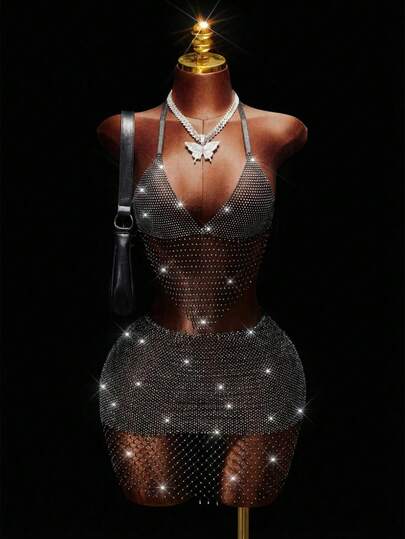 Mistrie Bộ đồ hai mảnh lưới đính đá lấp lánh dành cho nữ dự lễ hội âm nhạc, Bộ đồ hai mảnh dành cho nữ dự lễ hội âm nhạc, Bộ đồ hai mảnh xuyên thấu khoét sâu gợi cảm dành cho nữ.