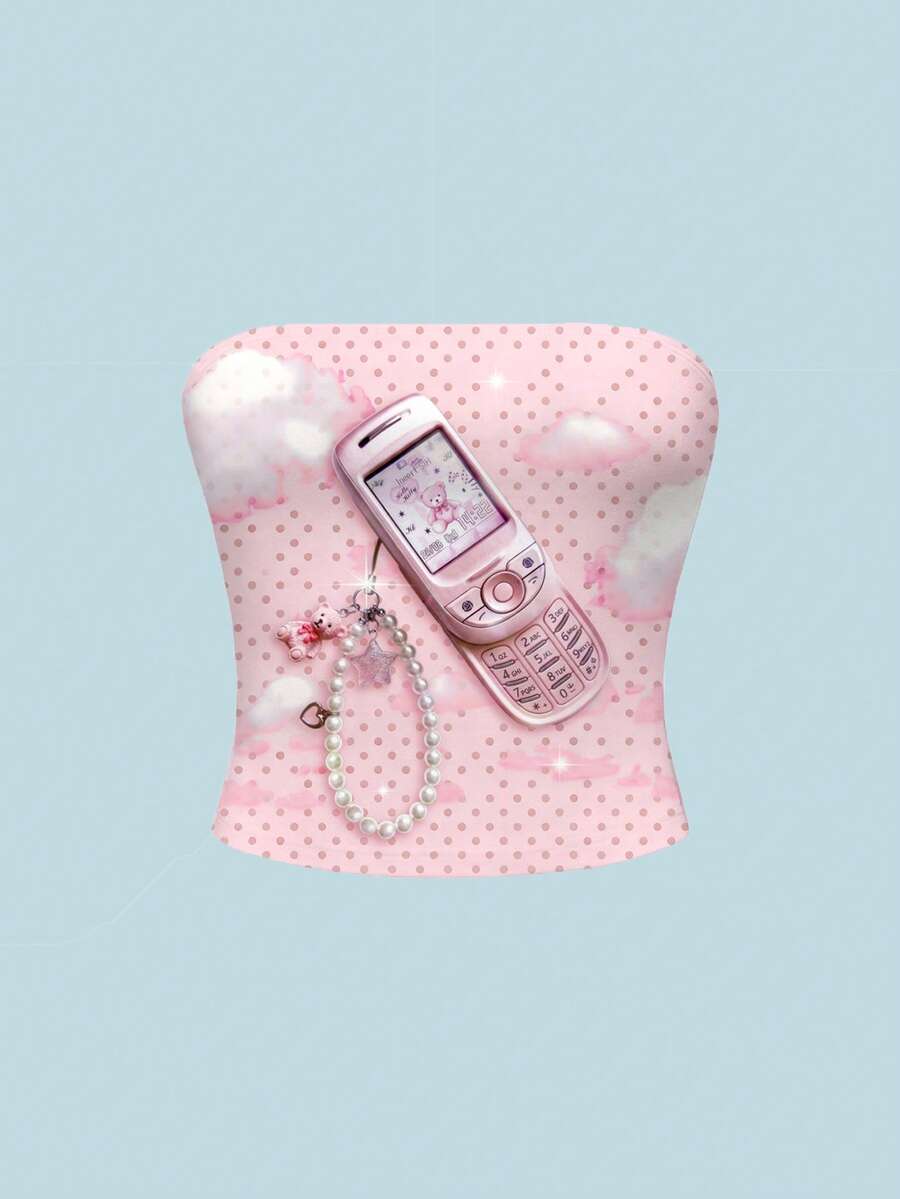 ROMWE Grunge Punk Cute Kawaii Y2K Teddy Bear Polka Dot Knit Printed Crop Top For Women - Pink - View 1