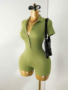 Mistrie Women's Solid Color Half-Zip Casual Short Sleeve Jumpsuit - Green - View 4