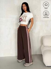 SHEIN PETITE 女士休闲撞色条纹阔腿运动裤，夏季必备 - 棕色 - 查看 9