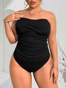 SHEIN Swim Curve 大码女式纯色吊带连体泳衣，休闲度假时尚 - 黑色 - 查看 4