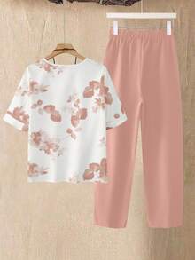 SHEIN LUNE 女士夏季植物印花圆领短袖上衣和裤子两件套 - 粉色 - 查看 2