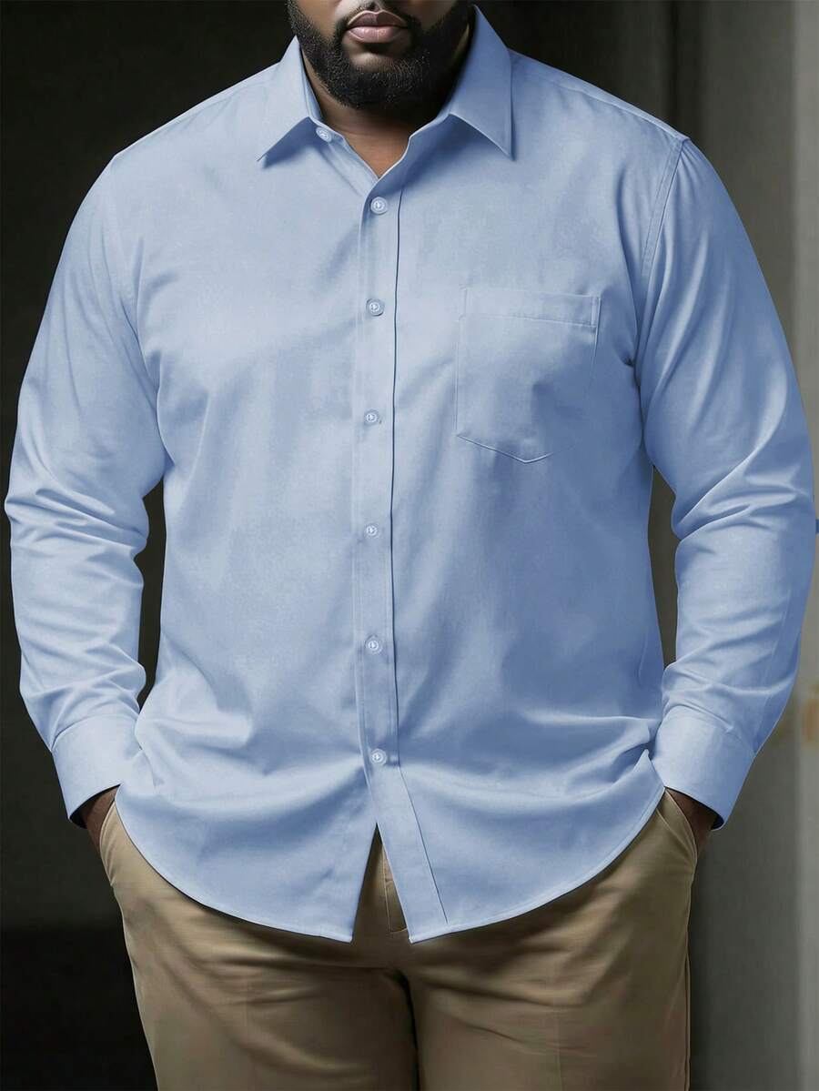 Manfinity Homme Men Plus Size Casual Business Solid Color Long Sleeve Shirt, Fall - Blue - View 1