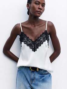 Maija 2026款女士白色撞色蕾丝上衣，优雅浪漫时尚舒适宽松可调节吊带夏季度假商务休闲上衣，圣帕特里克节女士复活节夏季复活节女士派对上衣 - 白色 - 查看 6