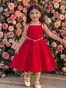 Young Girls Red Sweet Spaghetti Strap Dress With Bow Shoulder Strap, Pearl Decor A-Line Cute Elegant Princess Style, Summer Girls Formal Dress Kids Red Dress Toddler Girls Special Occasion Dress Red Party Dress Toddler Girl Dress Birthday Girl Young Girls Dresses Red Dress For Girls Pearl Waist Dress Kids Party Dress Cocktail Dress For Kids - Red - View 8