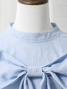 Tween Girls' Elegant Floral Contrast Mesh Bow Dress, Suitable For Party And Gathering, Short Sleeve - Blue - View 3