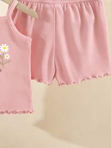 Baby Girls' Spaghetti Strap Daisy Print Outfit, Summer Toddler Girls' Ruffle Hem Tank Top And Shorts 2 Piece Set, Comfortable And Cute, Suitable For Casual Daily Wear, Spring, Summer, Autumn, Winter - White - View 4